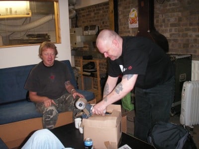 Spot and Bob packing up merchandise at Southern, before we set off for Europe.